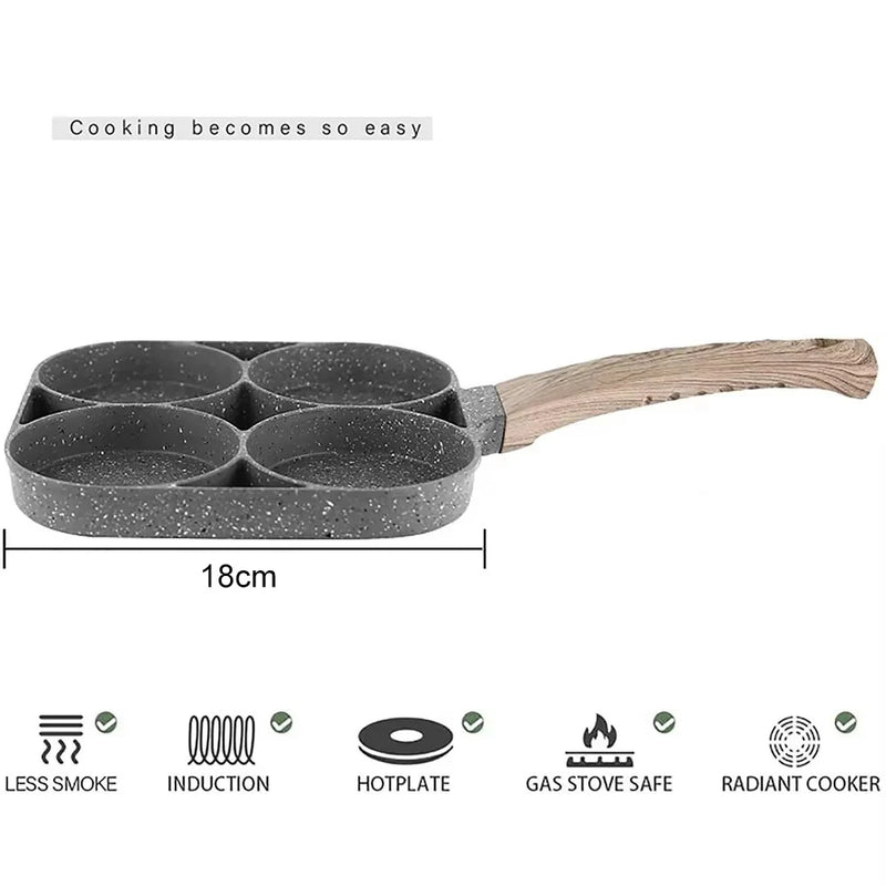 UPORS 4 Hole Frying Pan Non Stick Breakfast Burger Egg Pancake Maker Wooden Handle Medical Stone Four Hole Omelet Pan