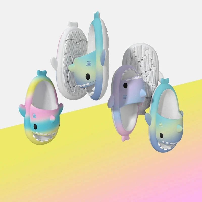 2024 Cute Summer EVA Gradient Shark Slippers Kids Candy Color Soft Indoor Sandals Women Men Fashion Outdoor Thick Sole Slides